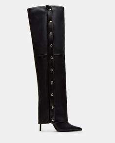 Elevate your style with our STONE fold-over boots. The knee-high design elongates your legs, while the stiletto heel adds a touch of sophistication. The pointed toe, studded detailing, and zipper accents are sure to make a statement. Step out in luxury and turn heads wherever you go. 4 inch heel height Size 6 measurements: 21 inch shaft circumference, 24 inch shaft height Size 8 measurements: 22 inch shaft circumference, 25 inch shaft height Size 10 measurements: 23 inch shaft circumference, 26 Fold Over Boots, High Design, Studded Boots, Leather Socks, 4 Inch Heels, Steve Madden Shoes, Stiletto Heel, Boot Shoes Women, Knee High Boots