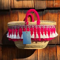 All Anakil Handbags Are New And Handcrafted Unique Handbag For The Beach Or A Casual Afternoon Natural Woven Straw With Fushia, White And Silver Decorations. Short Handles Unlined Pink Pouch Bags With Braided Handles, Pink Bucket Straw Bag With Adjustable Strap, Pink Straw Tote Bag With Leather Handles, Bohemian Pink Bucket Bag, Pink Basket Bag For Daily Use, Pink Straw Bag With Leather Handles For Shopping, Pink Woven Basket Bag, Pink Basket Bags For Everyday Use, White And Silver Decorations