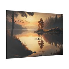 a painting of trees and water at sunset