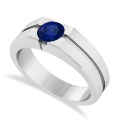 Men's Blue Sapphire Solitaire Fashion Ring 14k White Gold (1.00 ctw) Modern Sapphire Ring With Polished Finish And Round Band, Modern Sapphire Ring With Center Stone For Formal Occasions, Classic Sapphire Ring In 14k White Gold, Modern Sapphire Ring With Polished Finish, Modern Sapphire Ring In Platinum With Brilliant Cut, Modern Platinum Sapphire Ring With Brilliant Cut, Formal Polished Sapphire Ring, Modern Sapphire Ring With Brilliant Cut For Promise, Classic 14k White Gold Sapphire Ring With Polished Finish