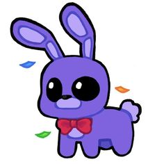 a purple rabbit with a red bow tie standing in front of leaves and confetti