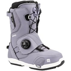 the snowboard boots are grey with black trimmings and white outstep