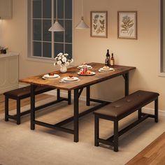 a dining room table with two benches next to it