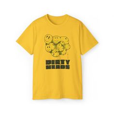 Dirty Heads - Yellow Happy Face T-Shirt This unisex ultra cotton tee is a classic. Quality cotton construction means that designs are sure to shine. The shoulders are tapped for a good upper-body fit. There are no side seams, ensuring a clean, unbroken flow. The collar has ribbed knitting for improved elasticity. The materials that went into this product are sustainably sourced and economically friendly.  .: This unisex tee is an excellent, all-season wear thanks to its medium fabric (6.0 oz/yd² (203 g/m. Made with 100% US cotton, this tee guarantees long-lasting comfort and style.  .: The classic fit along with the crew neckline make it a highly versatile choice for casual and semi-formal occasions as its neat, clean looks can blend in any setting and are perfect for accessorizing. .: Mad Yellow Graphic Tee Shirt With Text Print, Cheap Yellow Funny T-shirt, Yellow Cotton T-shirt With Funny Print, Sporty Yellow T-shirt With Text Print, Yellow Short Sleeve T-shirt With Text Print, Happy Face, Ash Grey, Upper Body, Irritated Skin