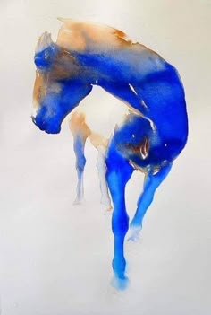 a painting of a blue horse standing on its hind legs with one leg in the air