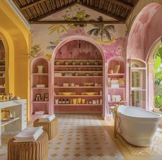 a bath room with a tub and shelves filled with items next to eachother