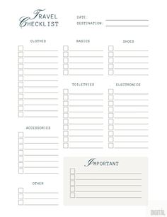 the travel checklist is shown in this printable form, which includes items for travelers to