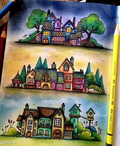 two drawings of houses in different stages of being drawn on paper with colored pencils