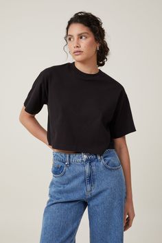 Cropped Boxy Tee Boxy Crop Top, Trouser Outfits, Long Sleeve And Shorts, Boxy Tee, Festival Looks, Denim Coat Jacket, Casual Denim, Shop Swimwear, Jeans Shop