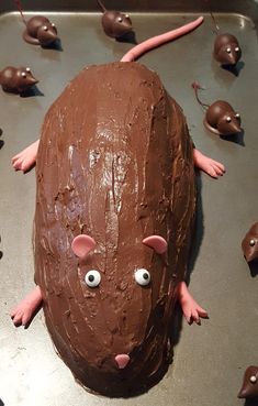 a cake shaped like a rat with chocolate frosting on it's face and ears