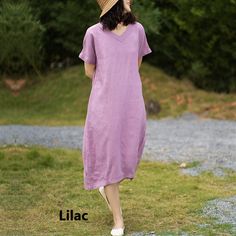 V-neck Ramie Linen Dress, Casual V-neck Shift Linen Dress, Casual Linen V-neck Shift Dress, Solid Color Bohemian Linen Dress, Summer V-neck Shift Linen Dress, Summer Linen Shift Dress With V-neck, Bohemian Relaxed Fit Linen Dress, Relaxed Fit Bohemian Linen Dress, Bohemian Linen Dress With Relaxed Fit