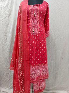 Product Details Pink printed Anarkali style Kurta with Trouser & dupatta Kurta design: Ethnic motifs  * Anarkali shape * Pleated style * Round neck, three-quarter regular sleeves * Sequined detail * Calf length with flared hem * Viscose Rayon fabric Trouser design: *Printed Trouser  *Elasticated waistband * Slip-on closure Material & Care Kurta: Viscose Rayon  Trouser: Viscose Rayon  Dupatta: Cotton Blend  Machine Wash Items Includes: One Piece Kurta One piece Dupatta One Piece Trouser  Note:- Please see the size chart in the image to choose a perfect size. Please feel free to ask any questions regarding this item WE ALSO ACCEPT CUSTOMISATION AS PER CUSTOMER REQUESTS. Semi-stitched Sharara With Printed Motifs And Straight Kurta, Festive Sharara With Traditional Drape And Printed Motifs, Traditional Drape Sharara With Printed Motifs For Diwali, Diwali Sharara With Traditional Drape And Printed Motifs, Diwali Sharara With Printed Motifs And Traditional Drape, Unstitched Chanderi Sharara With Printed Motifs, Chanderi Sharara With Printed Motifs For Festivals, Chanderi Sharara With Printed Motifs For Eid, Traditional Festive Sharara With Printed Motifs