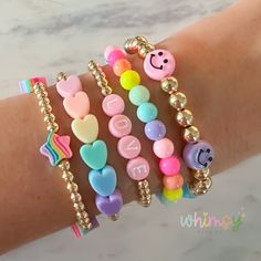 Personalized Bracelet Stack | Create your own stack | Candy Colored | Rainbow | Gold This adorable pastel rainbow bracelet stack is handmade with love by a momma to two little girls! Wear these bracelets individually, or wear the whole stack! They are fun to mix and match. I hope you enjoy this fun and sweet little accessory. Create and personalize your own stack with this listing. The wording can be personalized to say whatever you would like. ❤ HELPFUL TIPS ❤ ❤ If you are local, I'll refund sh Rainbow Bead Bracelet, Bead Bracelet Stack, Бисер Twin, Preppy Bracelets, Homemade Bracelets, Gelang Manik-manik, Preppy Jewelry, Personalized Candy, Bracelet Craft Diy