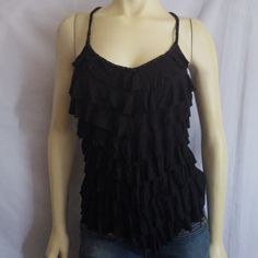 New With Tags 100% Rayon Black Cami Top For Spring, Black Ruffle Camisole Top, Black Ruffled Camisole Top, Casual Black Cami Top, Black Ruffle Cami Top, Black Ruffled Cami Top, Black Ruffled Tops For Summer, Black Spaghetti Strap Top For Spring, Black Ruffled Spaghetti Strap Tops