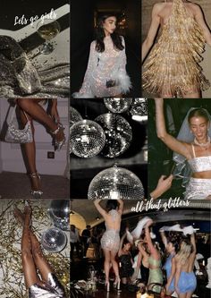 several different pictures of women in disco outfits and dresses, one is dancing with her legs spread out