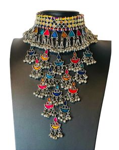 this listing is for Oxidised necklace in multicolor. It is long necklace 20 inch .  adjustable tie option. You can wear with western and Indian wear both. color option avail;-  blue pink multi Diya Designs, Oxidised Necklace, Oxidized Necklace, Colorful Necklace, Trendy Necklace, Jewelry Antique, Kundan Necklaces, Trendy Necklaces, Antique Necklace