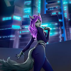 a woman with purple hair is standing in front of a cityscape at night