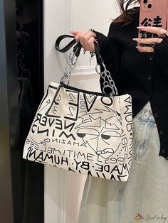 Bird in Bag - Contemporary Minimalist Doodle Printed Tote Bag with Ample Capacity for Fashion-conscious Women Trendy Everyday Canvas Bag, Trendy Canvas Bag For Daily Use, Trendy Canvas Shoulder Bag For Daily Life, Trendy Canvas Bag With Letter Print For Daily Life, Trendy Shoulder Bag With Letter Print For Daily Use, Casual Letter Print Shoulder Bag For Daily Life, Black And White Bags, Contemporary Minimalist, Tote Bag Pattern