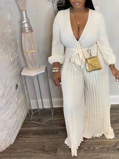 Details Care Fabric: Polyester Blend Style: Fashion V Neck, Half Sleeves, Tied Belt, Wide Leg Package: 1 x Jumpsuit Size(CM) Bust Length S 86 151 M 88 152 L 93 153 XL 98 154 2XL 103 155 3XL 108 156 4XL 113 157 5XL 118 158 Size(IN) Bust Length S 33.9 59.4 M 34.6 59.8 L 36.6 60.2 XL 38.6 60.6 2XL 40.6 61 3XL 42.5 61.4 4XL 44.5 61.8 5XL 46.5 62.2 Tips Please check size chart carefully before making payment All apparel sizes are measured manually and may have 0.5-1 inch difference.(1 inch = 2.54 cm) Chic Vacation Jumpsuits And Rompers With Tie Waist, Chic Tie Waist Jumpsuits And Rompers For Brunch, Chic Long Sleeve Jumpsuits And Rompers For Beach, Solid Color Tie Waist Jumpsuits And Rompers For Beach, White Tie Waist Jumpsuits And Rompers For Vacation, White Tie Waist Jumpsuits And Rompers For Beach, White Tie Waist Jumpsuit For Beach, Casual Beige Jumpsuits And Rompers For Party, Beige Casual Jumpsuits And Rompers For Party