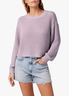 Breezy spring days call for the Della Sweater. The relaxed cut has a dropped shoulder with subtle balloon-sleeve styling. Cast in dusty spring colors, this crewneck pullover looks great with everyday denim or your favorite cutoff shorts. Grey Lilac, Western Wear Outfits, Trendy Fall Outfits, Cutoff Shorts, Open Knit Sweater, Kawaii Clothes, Sweater Making, Open Knit, Fitted Sweater