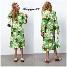 Loved This Dress So Much I Bought Knowing I’d Need A Size Large But Wanted To Gamblenope! Still Def Need A Size Large. My Loss Is Your Gain. Would Be Perfect For A Retro Cocktail Party In Palm Springs - Think Modernism Week! Very Mid Century Caftan Lounge Style! Printed Green Midi Dress For Fall, Green Printed A-line Midi Dress, Chic Green Printed Midi Dress, Retro Printed Midi Dress For Spring, Zara Green Floral Print Maxi Dress, Retro Green Midi Dress For Spring, Retro Green Midi Dress With Floral Print, Green Long Sleeve Midi Dress For Day Out, Retro Green Dress For Brunch