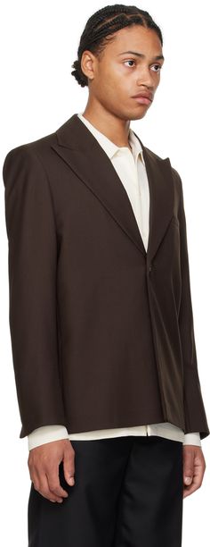 Polyester- and wool-blend twill blazer. · Peaked lapel · Single-button closure · Welt pocket at chest and interior · Vent at cuffs · Full satin lining · Horn hardware Supplier color: Sludge wool Welt Pocket, Horn, Wool Blend, Cuff, Satin, Blazer, Wool, Color