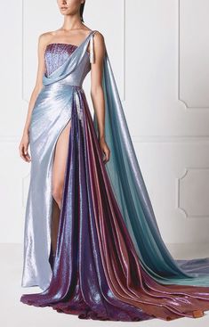 evermore-fashion:Hamda Al Fahim Interstellar Spring 2019 Haute... Colorful Evening Gowns, Paris Haute Couture 2023, Elegant Formal Gown, Runway Fashion Couture Inspiration, High Fashion Runway Outfits, Expensive Gowns, Silver Blue Dress, Cosmic Fashion, Hamda Al Fahim