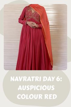 Woman wearing a red traditional dress for Navratri Day 6 celebration. Goddess Katyayani, Navratri Day 6, Navratri Collection, Power Red, Day 6, Colour Red, Red Color, Celebrities, Red