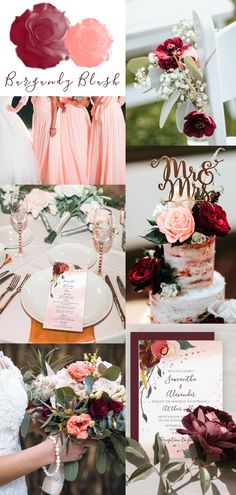 a collage of photos with different wedding colors and flowers on them, including roses