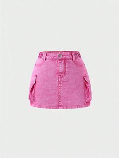 Tween Girl's Vintage Y2k Casual Denim Skirt With Multiple Pockets, Rose Red Hot Pink    Denim Plain Straight Non-Stretch  Tween Girls Clothing, size features are:Bust: ,Length: ,Sleeve Length: Pink Jean Skirt, Hot Pink Denim, Jean Rose, Pink Concert, Pink Denim Skirt, Jeans Rosa, Casual Denim Skirt, Baby Alive Doll Clothes, Girls Denim Skirts