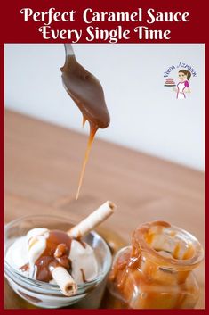 caramel sauce is being drizzled over ice cream in a glass jar