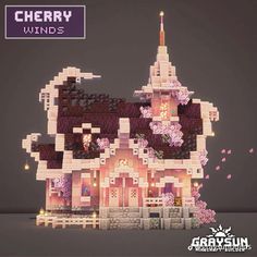 an image of a building made out of lego blocks with cherry blossoms on the roof