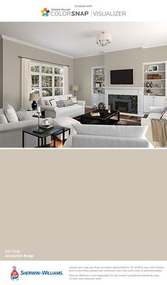 a living room with gray walls and white furniture