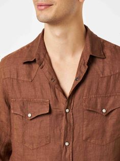 Man linen shirt texan styleVintage-look treatmentBrown solid colorFront applied pocketsComfortable sizeLong sleevesClassic necklineFront closureButton downButtoned cuffsComposition:100% Linen Brown Casual Shirt With Flap Pockets, Casual Brown Shirt With Flap Pockets, Western Style Brown Collared Top, Western Brown Collared Tops, Western Style Brown Tops With Buttons, Brown Western Style Top With Buttons, Western Brown Tops With Buttons, Brown Western Top With Buttons, Brown Shirt With Welt Pockets And Spread Collar