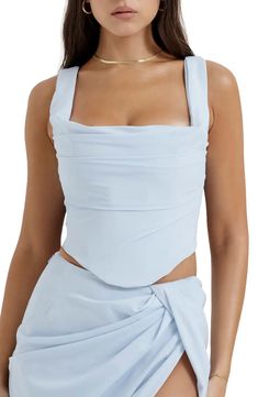 HOUSE OF CB Una Floral Cowl Neck Lace-Up Corset Top | Nordstrom White Corset Top, Blue Corset, Floral Corset, Italy Outfits, White Corset, The Close, Lace Corset, House Of Cb, Satin Top