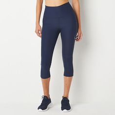 You'll love wearing these Xersion high-rise capri leggings for outdoor workouts and runs. Crafted from smooth stretch-knit with quick dry properties and flat seams for your comfort on the go, this high-performance style also has a handy accessory pocket to hold your phone or other essentials. Wear them with a sports bra and tank top. Features: Quick Dry, Stretch Fabric, Accessory Pocket, Flat SeamsClosure Type: ElasticFit: Regular FitRise: High RiseSupport: High SupportFiber Content: 88% Polyest Functional Compression Activewear Capris, Sporty Capri-length Bottoms With Go-dry Technology, Moisture-wicking Compression Capri Activewear, Breathable Navy Workout Bottoms, Sporty Capri Length Bottoms With Go-dry, Navy Breathable Workout Bottoms, Casual Go-dry Capri Length Activewear, Breathable Navy Athleisure Bottoms, Compression Capri Activewear For Gym