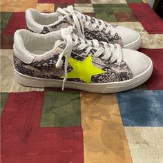 Steven New York Steven Madden Star Snakeskin Print Sneakers Are In Excellent Condition New Yellow Sneakers With Round Toe For Fall, Yellow Fall Sneakers With Round Toe, Yellow Low-top Fall Sneakers, Yellow Low-top Sneakers For Fall, Fall Yellow Low-top Sneakers, Hidden Wedge Sneakers, Steve Madden Sneakers, Studded Shoes, Black Slip On Shoes