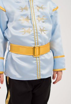 Your child will be ready to defend their kingdom, rescue a damsel, or attend a royal ball in their new Prince Charming set! Blue knit top with printed gold regal pattern with gold trim and a high neck collar Black pants with royal golden stripes down the sides of the leg Adjustable hook and loop yellow belt Breathable, Silky Soft, 100% Polyester Fabrics Accessories Sold Separately Royal Gold Fitted Sets, Fitted Royal Gold Sets, Blue Knit Top, Royal Ball, High Neck Collar, Yellow Belt, Sling Carrier, Booster Car Seat, Travel System Stroller