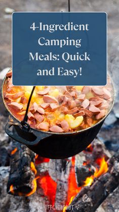 the words 4 ingredient camping meals quick and easy are in front of an open fire