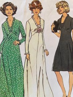 "The dress with skirt stitched to bodice above normal waistline has \"V\" shaped neckline, vestee, back zipper, set-in sleeves, self fabric ruffles at neckline and sleeve edges and optional purchased flower.  Regular length view 1 has short sleeves.  Ankle length view 2 has long sleeves. The pattern is complete and uncut with instructions. The envelope has discoloration due to age and wear/small tears at the edges." Retro V-neck Wedding Dress, 1970s Style Fitted Vintage Dress For Vintage Events, Fitted V-neck Lined Vintage Dress, Lined A-line Vintage Dress With Fitted Bodice, Fitted Dress With Vintage Pattern For Vintage Events, Vintage A-line Dress With Fitted Bodice, Fitted A-line Retro Vintage Dress, Fitted Retro A-line Vintage Dress, Retro Fitted A-line Vintage Dress