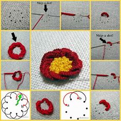 instructions to crochet a red and yellow flower