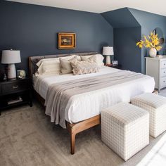 a bedroom with blue walls and white bedding in the center, along with two stools on either side of the bed