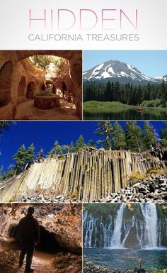 the cover of hidden california treasures with pictures of mountains, waterfalls and people in it