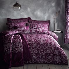 A bedroom setting with a double bed and Oak Tree Plum duvet set Plum Bedspread, 19 Century Art, Purple Duvet, Purple Duvet Cover, Luxury Duvet Covers, Superking Bed, Double Duvet, Floral Duvet Cover, Buy Bed