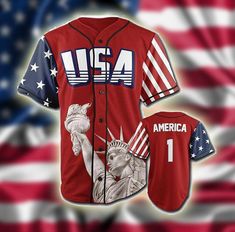 a baseball jersey with the statue of liberty on it in front of an american flag