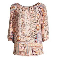 Johnny Was Sukie Lace Silk Peasant Blouse Nwt Beautiful Ultra-Chic And Luxe Blouse With Open-Work Embroidery Detail At The Bib And Sleeves On Printed Silk Makes It The Perfect Piece For Weekend Getaways And Fun Nights Out 100% Authentic Johnny Was Style L19721-2 Rn#149414 Size - L Approximate Measurements (Taking Flat) Length~27" Raglan Shoulders Bust (Pit To Pit)~26" Sleeve~18" Bottom~26" Materials-100%Silk Color- Pink Multi Bateau Neckline With Self-Tie Detail Three-Quarter Puff Sleeves With E Bohemian Multicolor Tops With Blouson Sleeves, Casual Multicolor Blouse With Boho Collar, Beige Viscose Summer Blouse, Summer Beige Viscose Blouse, Feminine Multicolor Blouse For Vacation, Multicolor Printed Blouse For Daywear, Bohemian Patterned Printed Blouse, Bohemian Viscose Blouse For Summer, Patterned Long Sleeve Peasant Blouse