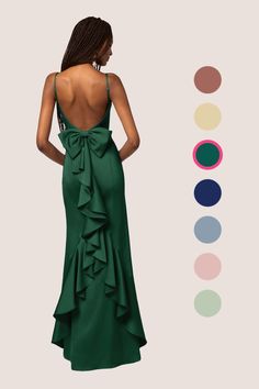 This stretch satin floor length dress features a straight neckline, adjustable spaghetti straps, a bow back, a ruffle design, and a mermaid skirt. Fitted Prom Gown With Bow Tie Back, Bridesmaid Mermaid Dress With Sweep Train, Elegant Green Mermaid Bridesmaid Dress, Elegant Green Bridesmaid Mermaid Dress, Party Dresses With Bow Tie Back And Ruffled Straps, Tiana Blue Dress, Peacock Color Dress, Teal Prom Dresses, Dark Teal Dress