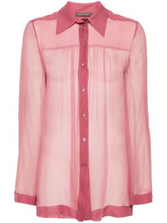 dark pink silk chiffon semi-sheer construction pleat detailing straight-point collar long sleeves short side slits front button fastening Organza Shirt, Versace Outfit, Sheer Shirt, Alberta Ferretti, Pink Silk, Silk Shirt, Silk Chiffon, Dark Pink, Denim Dress