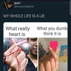 someone holding a heart in their right hand and another person pointing at it with the other hand