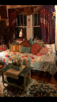 a living room filled with lots of colorful furniture